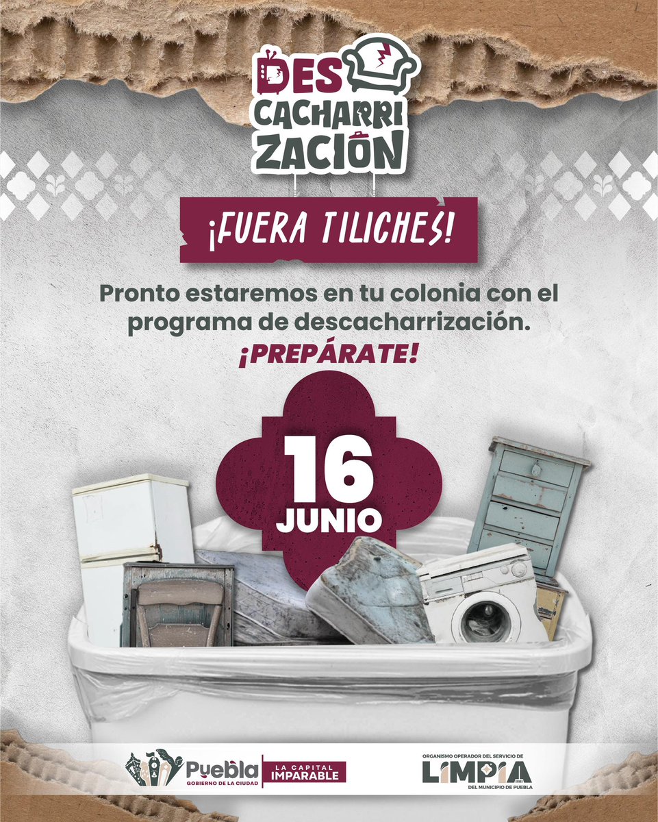 🛑 ¡Mañana inicia la #Descacharrización2025!

El <a href="/PueblaAyto/">Ayuntamiento de Puebla</a> y el #OOSL te invitan a sacar objetos en desuso que puedan acumular agua y generar focos de infección. 🦟 #FueraTiliches

💧Prevengamos enfermedades durante la temporada de lluvias.
#LaCapitalImparable 🪽