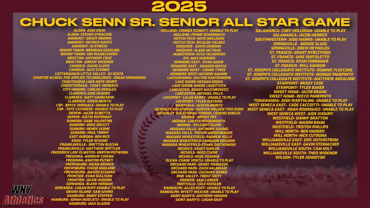 Congratulations to this Year's Senior Baseball All Stars.  They will play Tuesday at 5pm at Hamburg High School.  Join us in Hamburg or on our WNY Athletics platforms as each Senior gets to wear their school uniform for 1 more game