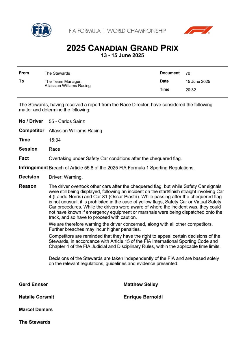 DOC 70 - Infringement - Car 55 - Safety Car Procedure fia.com/documents #CanadianGP #F1 #FIA