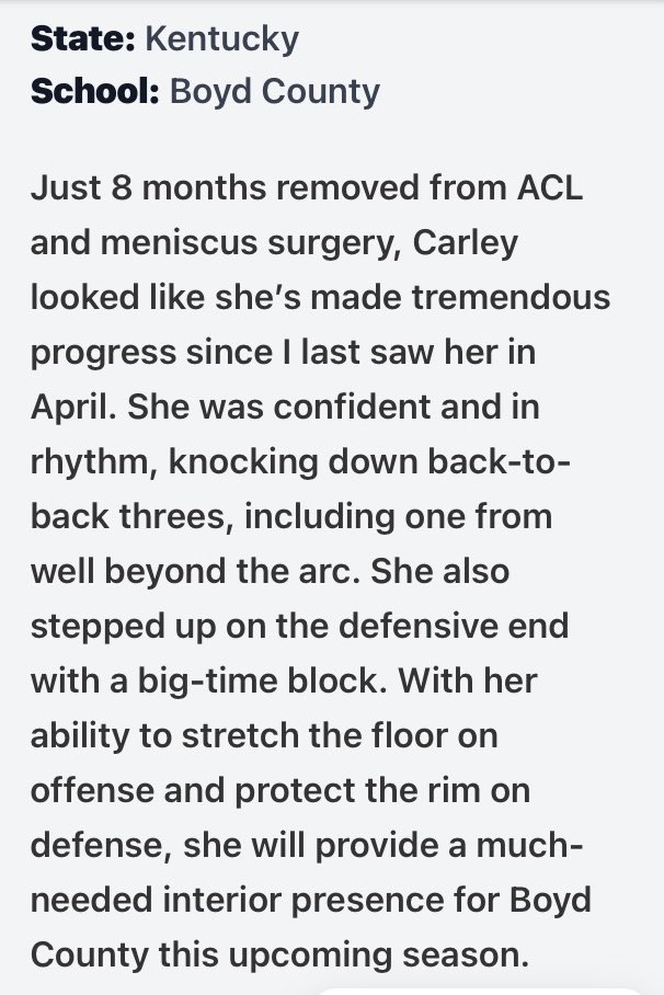Carley Boyd (@carleyboyd_2027) on Twitter photo Thank you <a href="/PGHAkeem/">Akeem Webb</a> and <a href="/PGHKentucky/">Prep Girls Hoops Kentucky</a> for the recognition. Thank you <a href="/BoydCoHoops/">Boyd County Girls Basketball</a> for welcoming me to the team!!!
<a href="/alyxwhite_/">Alyx White</a> <a href="/NationsElite1/">Nations Elite</a> <a href="/KyPrephoops/">KyPrephoops</a> <a href="/SportstalkR/">SportsTalk 16th Region</a> <a href="/Region16GBB/">16th Region Girls Basketball</a> <a href="/MMBR_CoachGBell/">Major Movez Basketball Review #MMBR</a> Thank you <a href="/PGHAkeem/">Akeem Webb</a> and <a href="/PGHKentucky/">Prep Girls Hoops Kentucky</a> for the recognition. Thank you <a href="/BoydCoHoops/">Boyd County Girls Basketball</a> for welcoming me to the team!!!
<a href="/alyxwhite_/">Alyx White</a> <a href="/NationsElite1/">Nations Elite</a> <a href="/KyPrephoops/">KyPrephoops</a> <a href="/SportstalkR/">SportsTalk 16th Region</a> <a href="/Region16GBB/">16th Region Girls Basketball</a> <a href="/MMBR_CoachGBell/">Major Movez Basketball Review #MMBR</a>