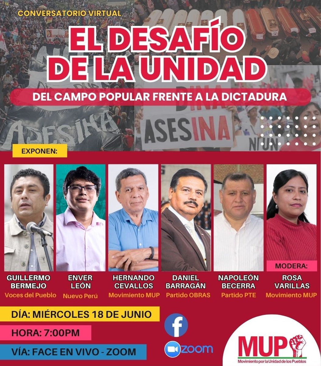 Este miércoles 18 a las 7pm te invitamos a participar del #ConversatorioVirtual "El desafío de la unidad del campo popular frente a la dictadura". Se transmitirá en vivo por Facebook; y, también podrán ingresar a la Sala Zoom con el siguiente enlace:
us02web.zoom.us/j/87657194661