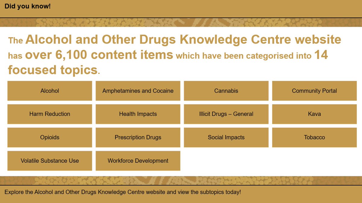AIAODKC's tweet image. Did you know? The Alcohol and Other Drugs Knowledge Centre website has over 6,100 content items which have been categorised into 14 focused topics. Explore the Alcohol and Other Drugs Knowledge Centre website & view the subtopics today: 馃敆 bit.ly/3HCm2az
