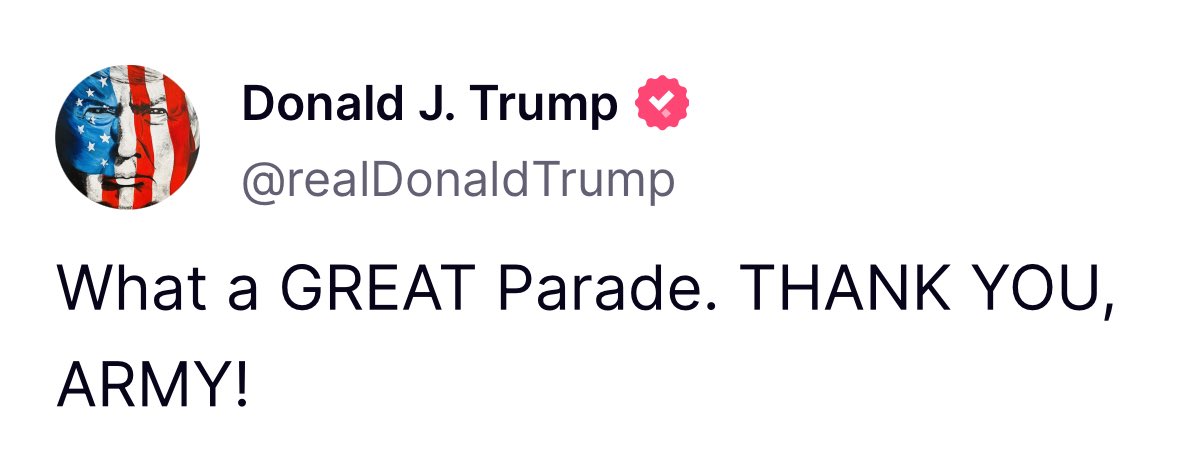 EdisonHamilton7's tweet image. 🔥President Trump just delivered a powerful tribute to the U.S. Army on its 250th anniversary—and it was nothing short of a spectacle.  

The parade reportedly cost $45 million, and every second sent a message.  

This is what honoring our troops is supposed to look like✊✊✊