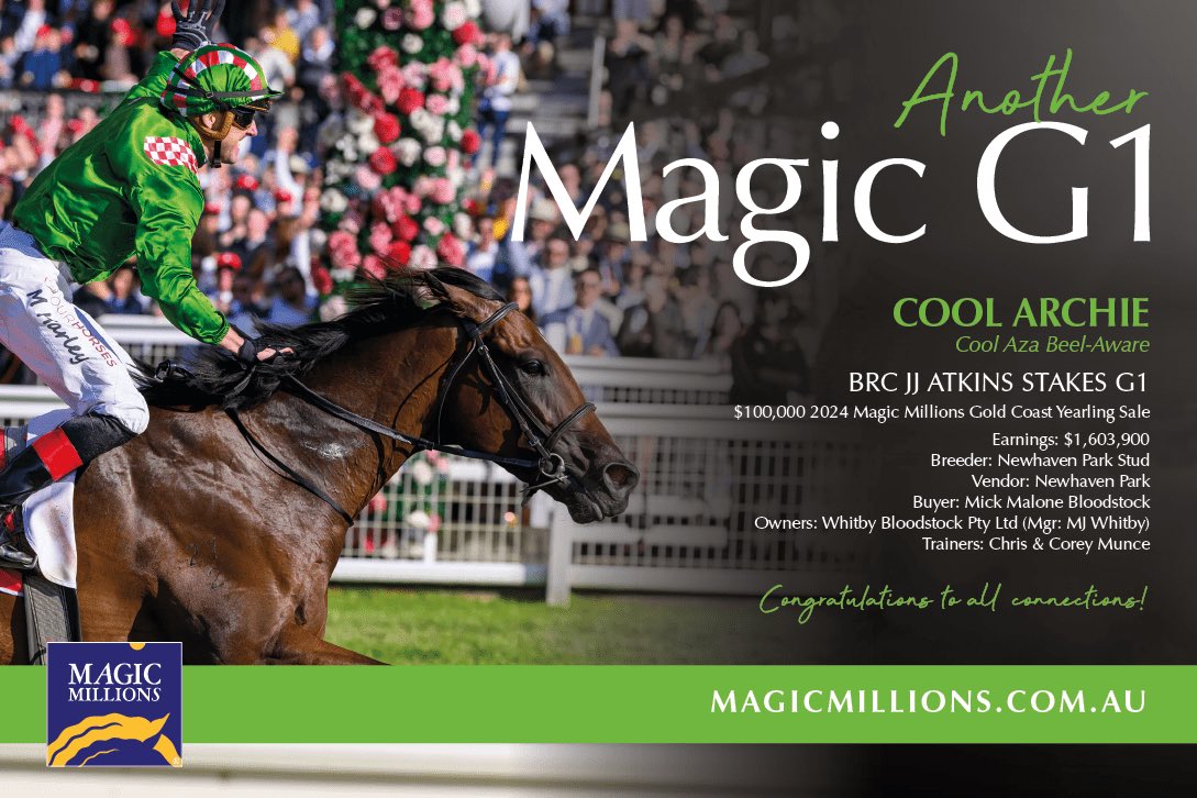 ANZ Bloodstock (@anz_news) on Twitter photo 🪄Another Magic G1 🪄
Congratulations to the connections of JJ Atkins Stakes winner COOL ARCHIE 💚
<a href="/mmsnippets/">Magic Millions</a> <a href="/NewhavenPark/">Newhaven Park</a> <a href="/NorthBloodstock/">North Bloodstock</a> <a href="/MunceC/">Chris munce</a> 🪄Another Magic G1 🪄
Congratulations to the connections of JJ Atkins Stakes winner COOL ARCHIE 💚
<a href="/mmsnippets/">Magic Millions</a> <a href="/NewhavenPark/">Newhaven Park</a> <a href="/NorthBloodstock/">North Bloodstock</a> <a href="/MunceC/">Chris munce</a>
