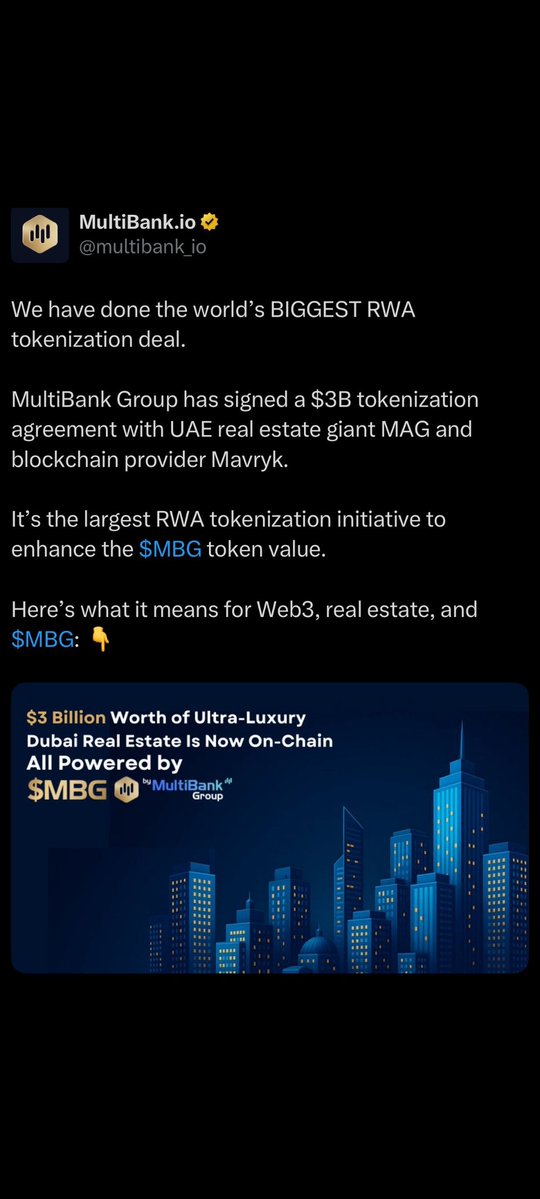 Njoki crypt (@njoki002) on Twitter photo Why are you not yapping about <a href="/multibank_io/">MultiBank.io</a>?
Many people still underestimate it's potential 🤔
✓Partnership ; MultiBank Group has partnered with UAE real estate developer MAG and blockchain innovator Mavryk for a landmark $3 billion RWAs tokenization initiative
✓ Assets Why are you not yapping about <a href="/multibank_io/">MultiBank.io</a>?
Many people still underestimate it's potential 🤔
✓Partnership ; MultiBank Group has partnered with UAE real estate developer MAG and blockchain innovator Mavryk for a landmark $3 billion RWAs tokenization initiative
✓ Assets