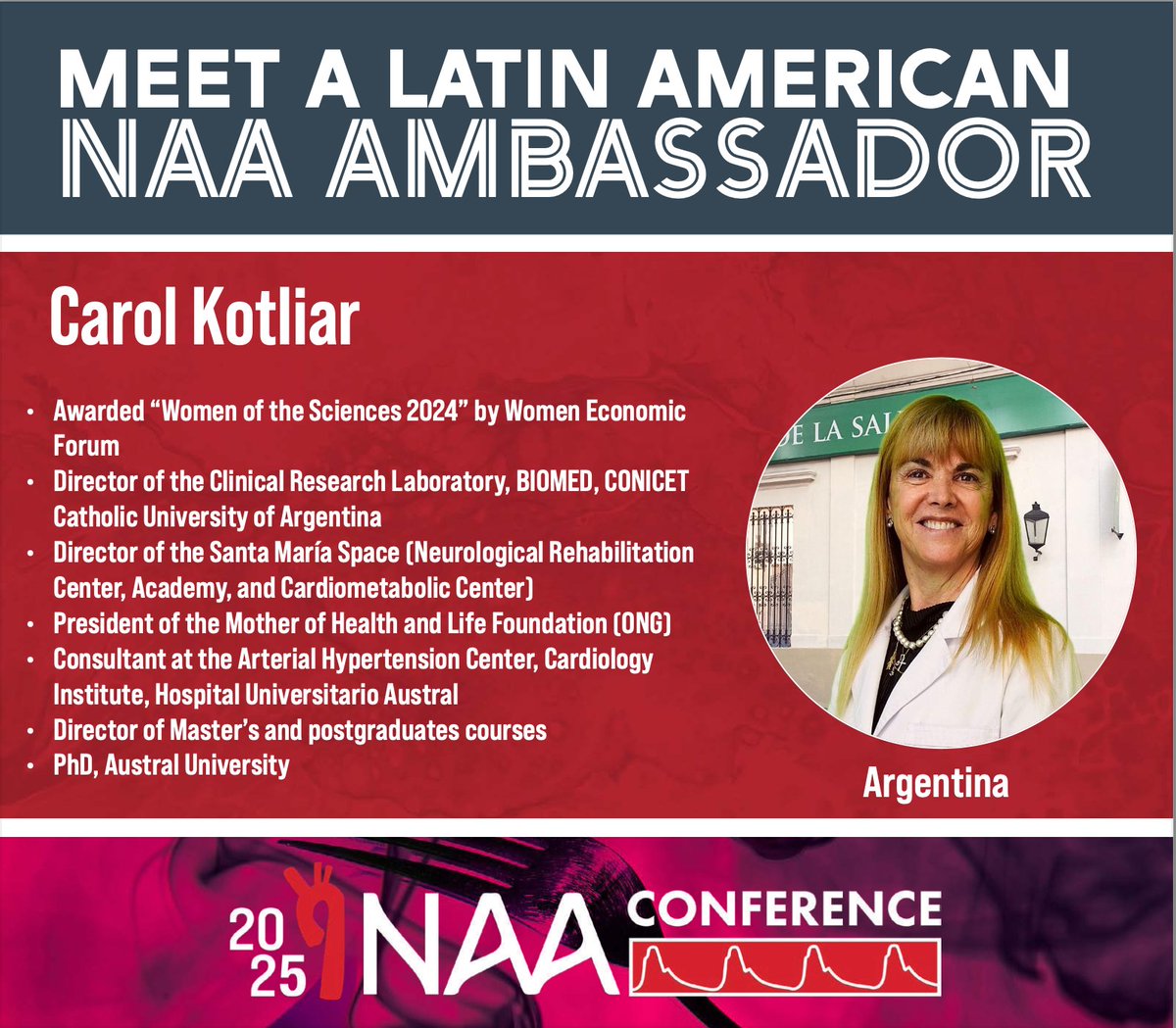 NAASociety's tweet image. 🌟Please welcome @dracarolkotliar joining NAA as a Latin American Ambassador from Argentina!
@WomenEcoForum @CONICETDialoga @UCA_Oficial @HospitalAustral
#NAArtery #ArgentinaToNAA #CardiovascularHealth #GlobalCollaboration