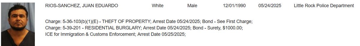 Pulaski County, AR: Last month, Juan Eduardo Rios-Sanchez was arrested for Residential Burglary and Theft of Property.

He has an immigration detainer hold.