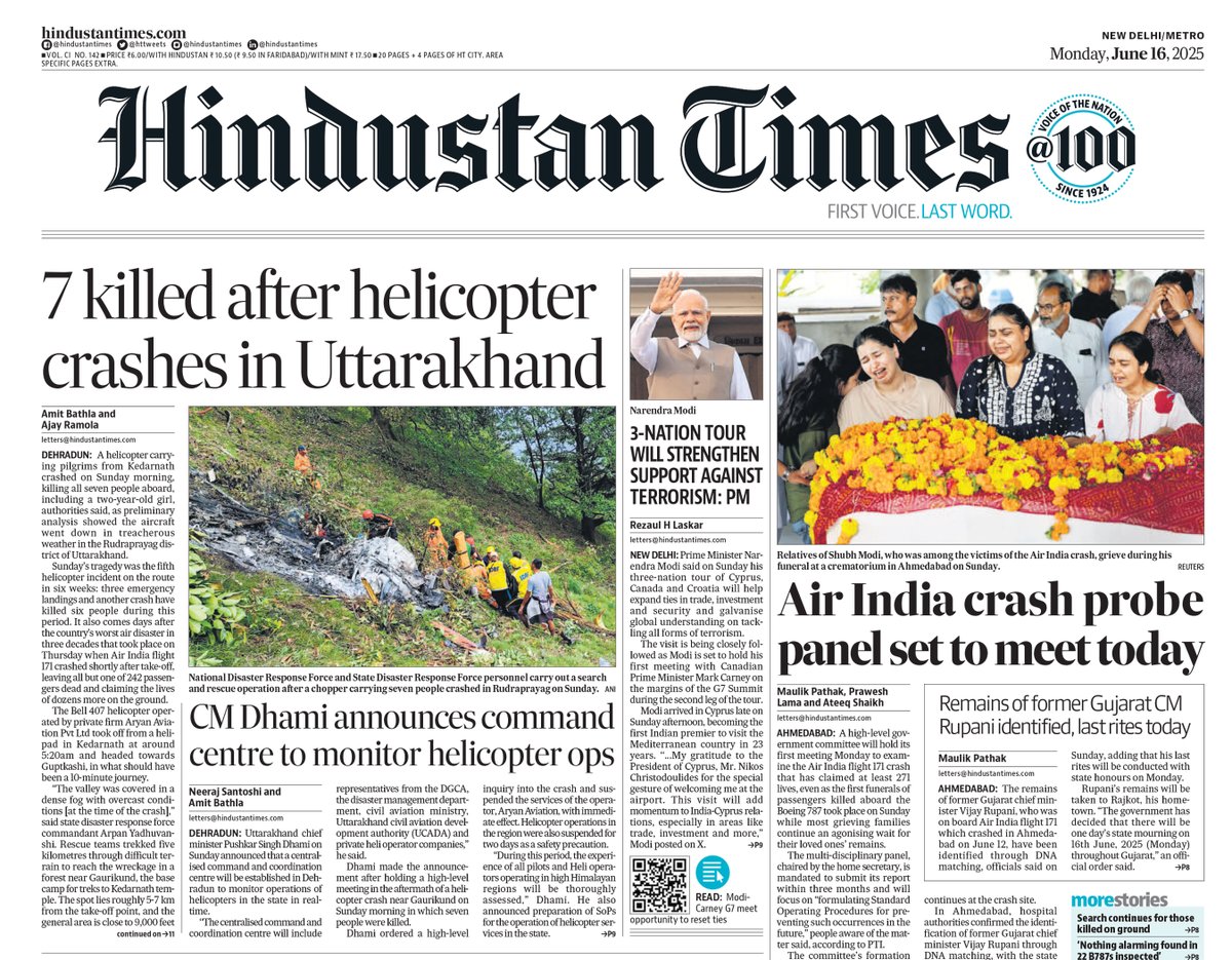 ▶ 7 killed after helicopter crashes in Uttarakhand

▶ Air India crash probe panel set to meet today

Read more in today's Hindustan Times print edition: epaper.hindustantimes.com

Subscribe bit.ly/2QAOH22