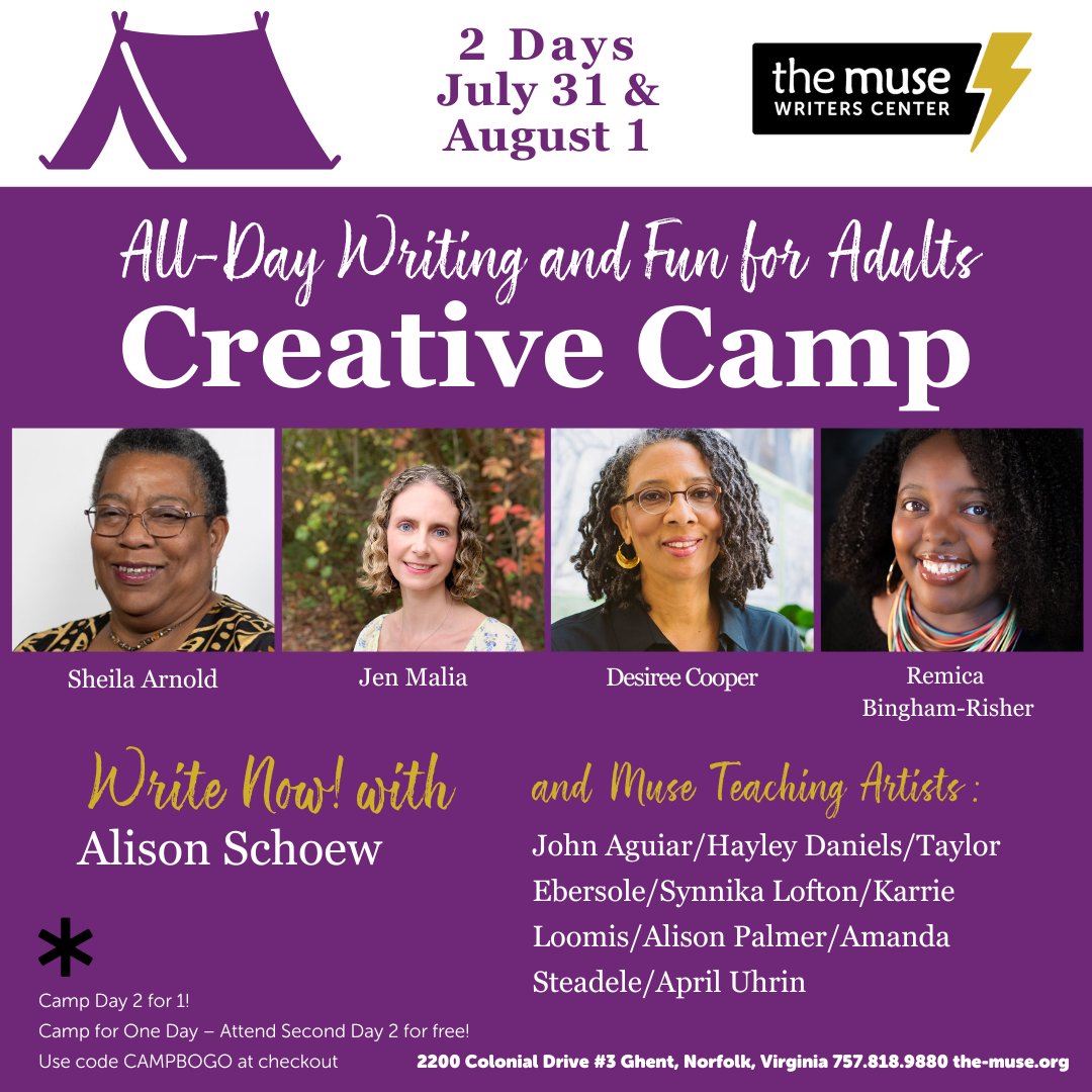 ⛺️ Discover your creative spark at this full day writing camp featuring energizing keynotes, hands-on workshops, and inspiring breakout sessions across genres.⚡️

📍the-muse.org/adult-writing-…

✨ Use the code CAMPBOGO at checkout to attend Day 2 FREE!