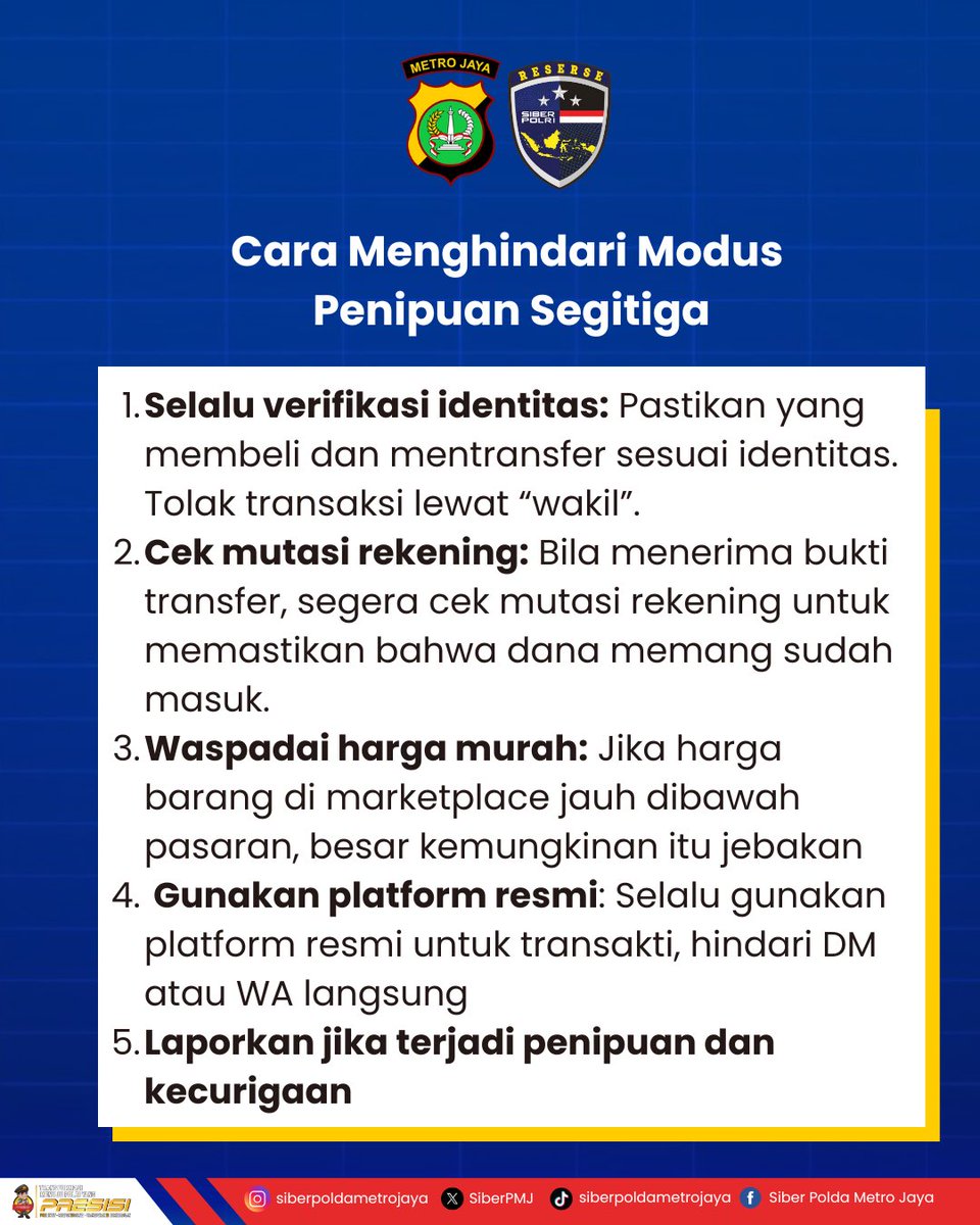 📢 WASPADA MODUS PENIPUAN SEGITIGA!

Kelihatannya seperti transaksi biasa, padahal kamu sedang dimainkan oleh penipu! 

Dalam skema ini, penipu memalsukan identitas dan memanfaatkan dua orang sekaligus. 💬 Pernah mengalami kejadian serupa? Ceritakan di komentar yah
