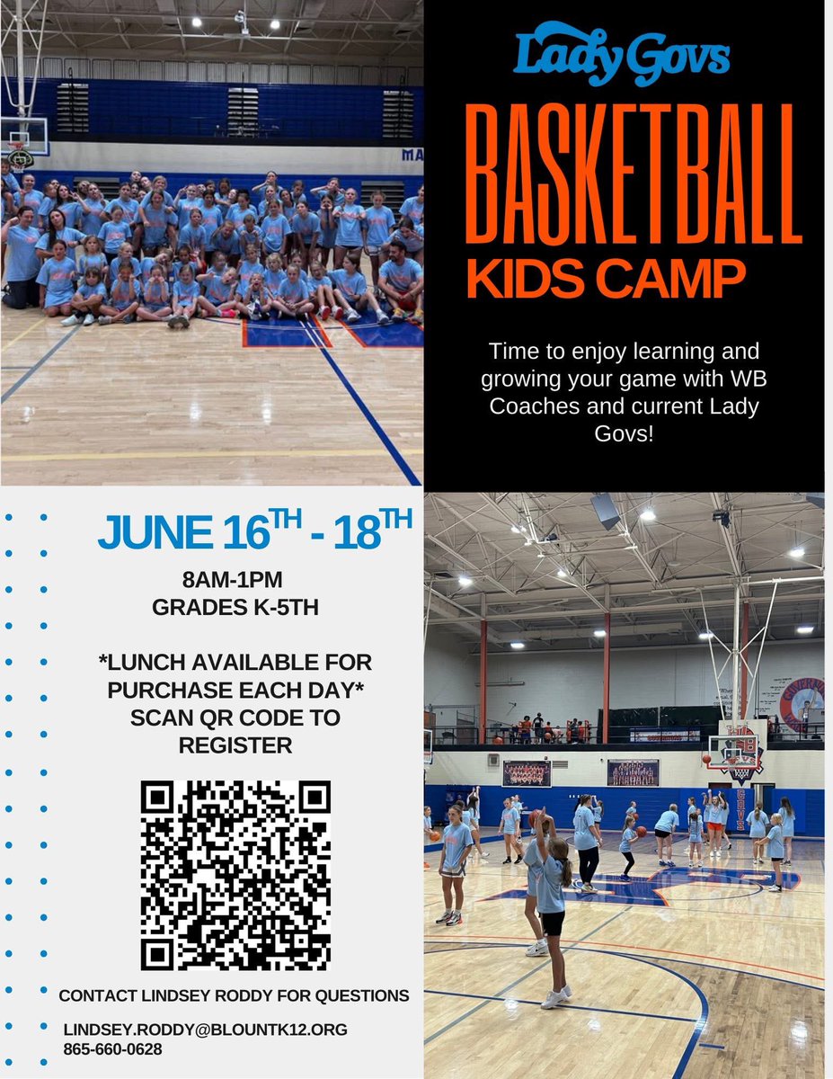 Lady Govs kids camp starts tomorrow!! Sign up or walk in between 7:30-8AM. Bring a basketball!