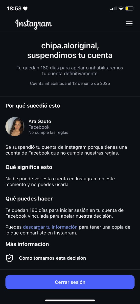 AraceliLuana9's tweet photo. @Meta @Facebook @Instagram
Hola, mi cuenta de Instagram fue suspendida Ya apelé, pero no recibí respuesta. necesito recuperarla. ¿Podrían ayudarme?
Detalles: 
• Usuario: Chipa.aloriginal / Luana.4raa
• Correo: giménezaraceli138@gmail.com
• Fecha suspensión: 13/06/2025 https://t.co/PTctYcn6Lw
