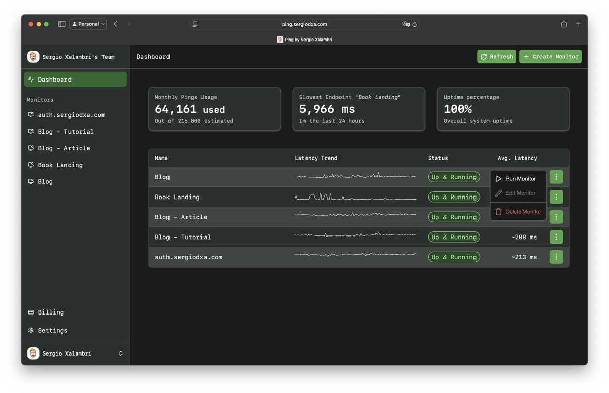 sergiodxa's tweet image. More changes on my uptime monitoring tool!
Replaced the (basically useless) monitor count with the consumed and estimated pings per month.
Also the individual actions buttons with a dropdown menu, the edit is disable because I still need to work on it.