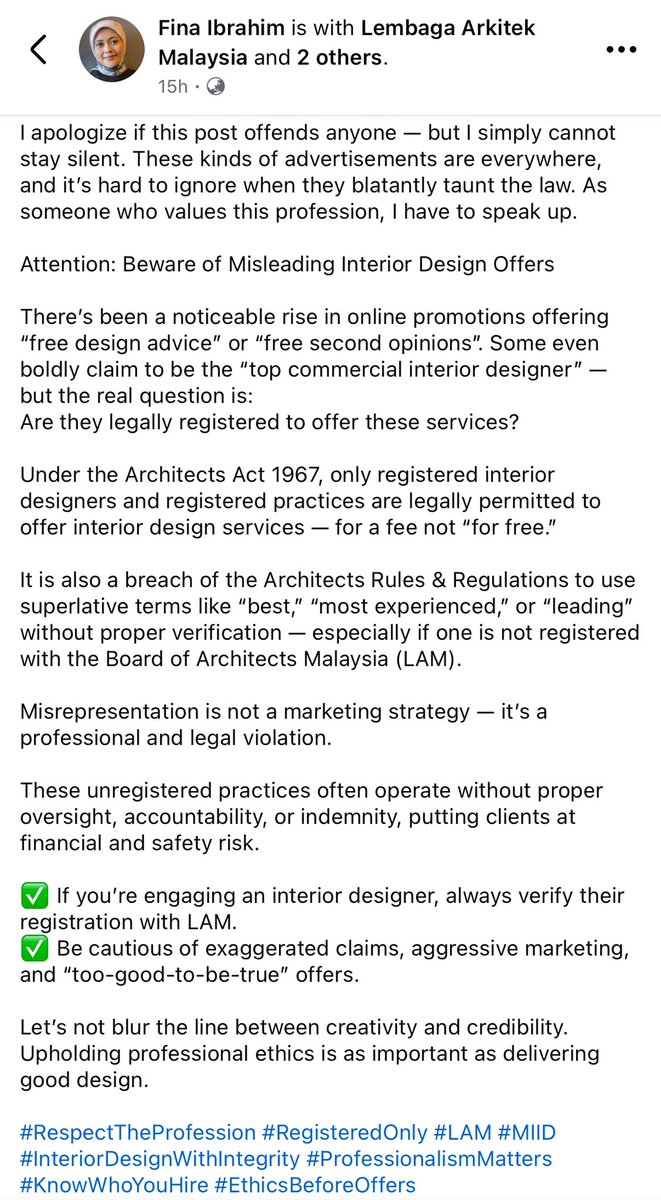 keemmazni's tweet photo. From the President of MIID (Malaysian Institute of Interior Designers) ‼️
It is disgusting to see that people who run the ID business, let alone they don’t have the qualifications and now tarnish the credibility & integrity of our creative industry.
#RespectTheProfession https://t.co/SD7wm3Sd5T