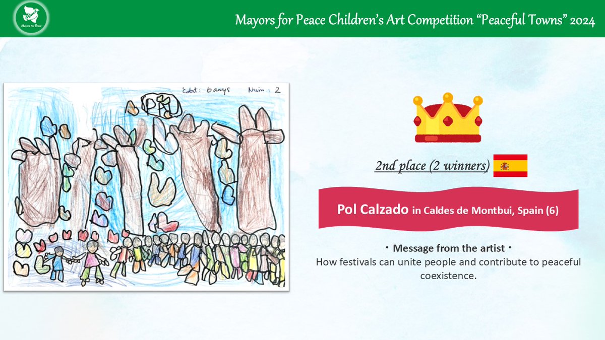 Mayors4Peace's tweet photo. #MayorsforPeace Children's Art Competition "Peaceful Towns" 2024 award-winning artworks 🎨🕊️Second Place in Category 1 (ages 6-10)
Pol Calzado from #CaldesdeMontbui, Spain (6 years old)
For more detail, please visit our website:
https://t.co/ldDdkmrKxT
#PeaceFromOurCITY #D_98 https://t.co/oUsnuIpmj2