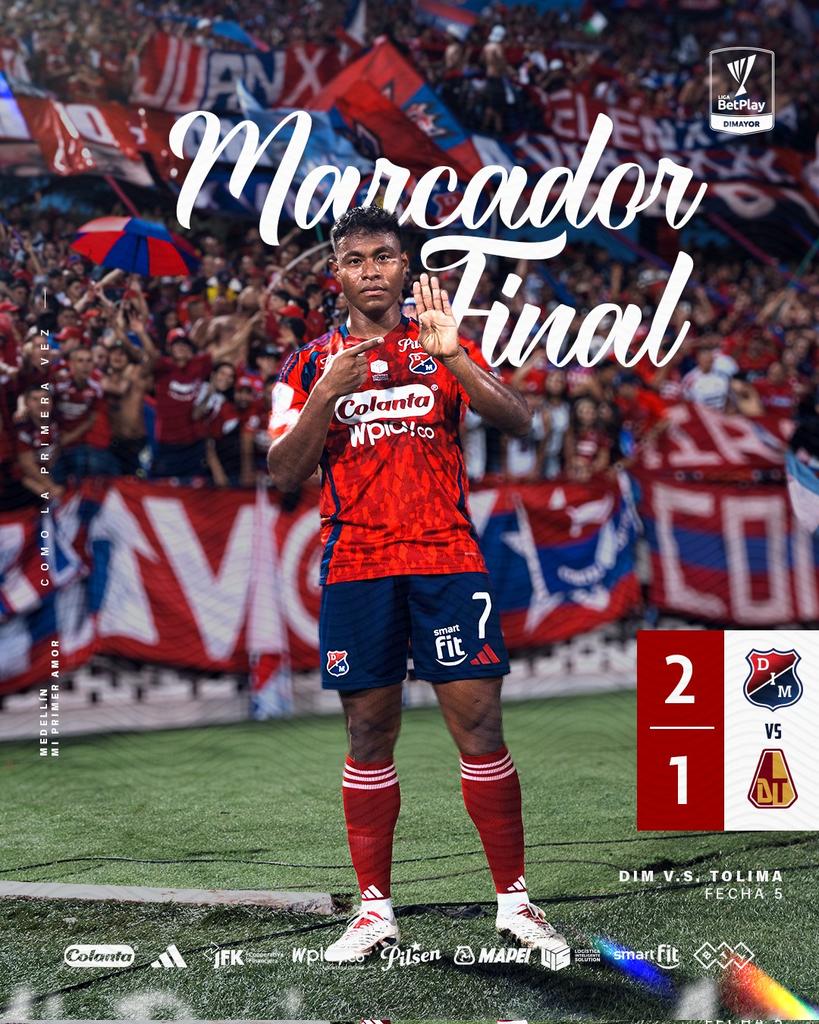 DIM_Oficial's tweet photo. [Marcador final 🔴🔵]

El Medallo está en la finaaaaal!!!
Victoria con jerarquía del #Poderoso en su casa 2x1 ante el Tolima.

⚽ L. Berrío #7 (17'), J. Arizala #71 (90+3')

#LatimosPorVos #VamosMedellín https://t.co/HqrP5iL2Ph