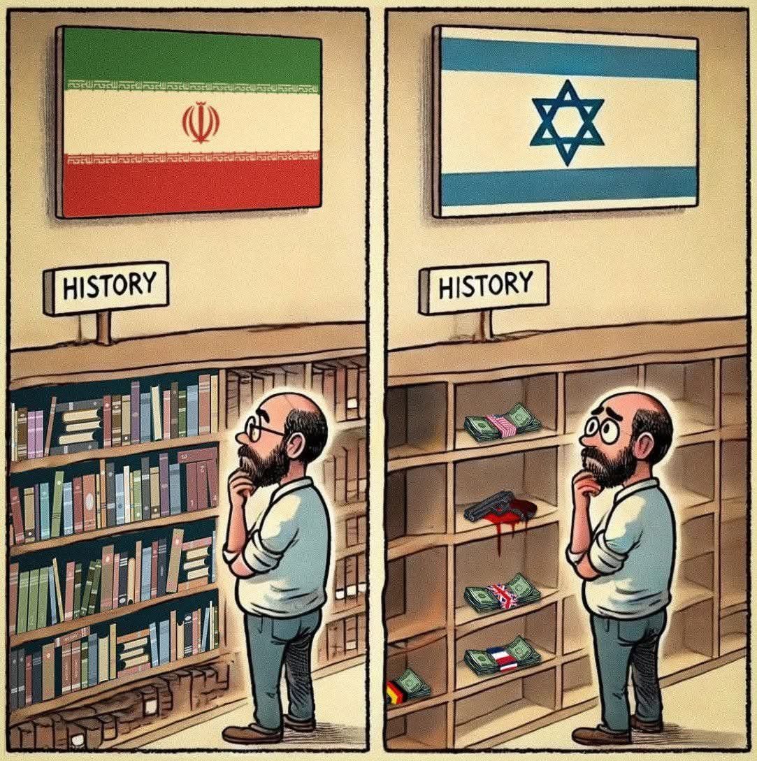 Em 5000 de história, o Irã🇮🇷 deu ao mundo a Álgebra, os Direitos Humanos, o xadrez, o violão, as baterias, a refrigeração, o moinho de vento e a Medicina moderna.

Em 77 anos de história, "Israel" deu ao mundo meios de matar inocentes escondendo bombas em pagers e arranha-céus.