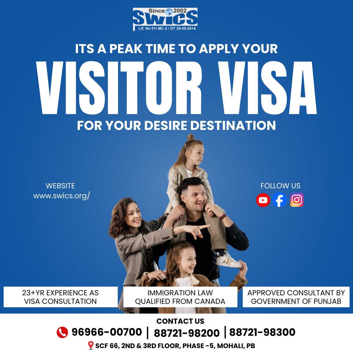 SWICSINDIA's tweet photo. Apply Now Visitor Visa With Swics Experts! 📷

📷 23+ Years of Immigration Experience
📷 Govt. Approved &amp; Trusted Company
📷 Law Qualified from Canada
📷 Book Your Free Consultation with Er. JP Singh Today!
📷 Limited Slots Available – Don’t Miss Out! https://t.co/93b5r3F2i8