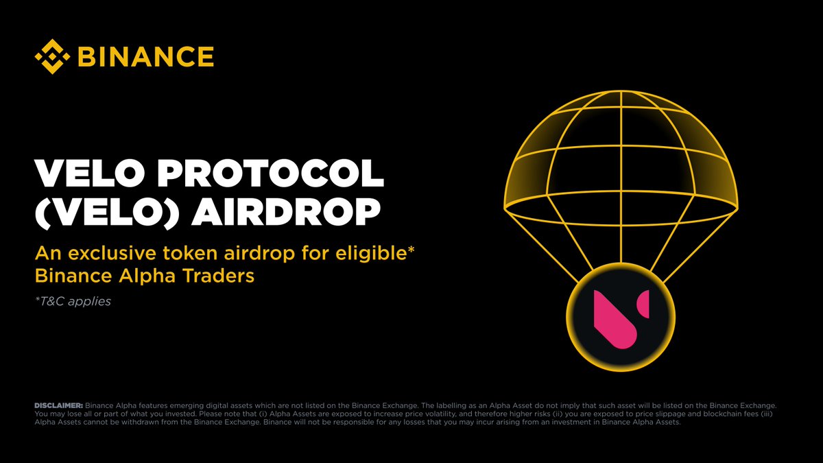 We’re pleased to announce that Velo Protocol (VELO) has been featured on Binance Alpha. 

Eligible Binance users with at least 242 Binance Alpha points can claim an airdrop of 5,000 VELO tokens on the Alpha Events page starting at 07:00 UTC on June 16th, 2025.

Please note that