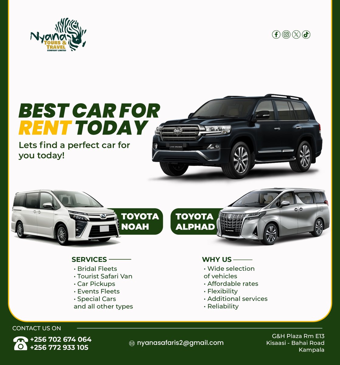 nyanasafaris's tweet image. 🚗 Need a Ride? We've Got You Covered!
Looking for the perfect car for your next event, safari, or airport pickup?
Nyana Tours & Travel offers top-class vehicles like the Toyota Land Cruiser, Noah & Alphard – perfect for all your transport needs!
✅ Bridal Fleets
✅ Tourist…