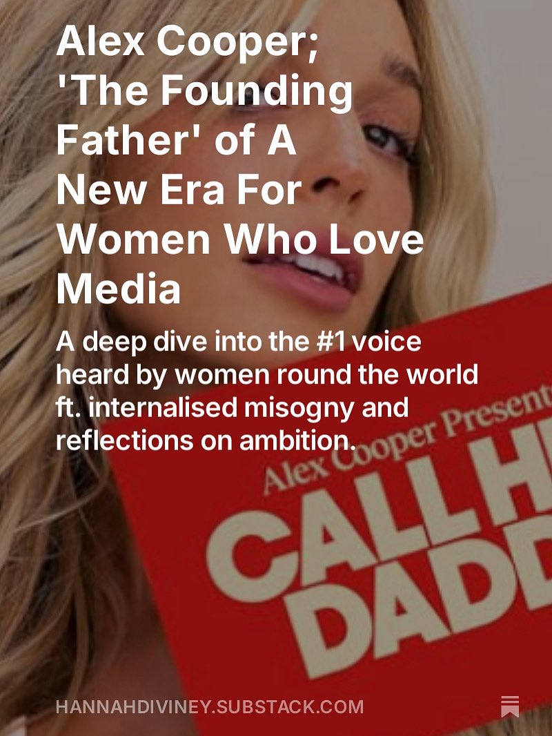 Hannah Diviney (@hannah_diviney) on Twitter photo After watching #CallHerAlex last week, I had some thoughts on the power of <a href="/alexandracooper/">Alexandra Cooper</a> and the <a href="/callherdaddy/">Call Her Daddy</a> phenomenon 🔥
open.substack.com/pub/hannahdivi… After watching #CallHerAlex last week, I had some thoughts on the power of <a href="/alexandracooper/">Alexandra Cooper</a> and the <a href="/callherdaddy/">Call Her Daddy</a> phenomenon 🔥
open.substack.com/pub/hannahdivi…