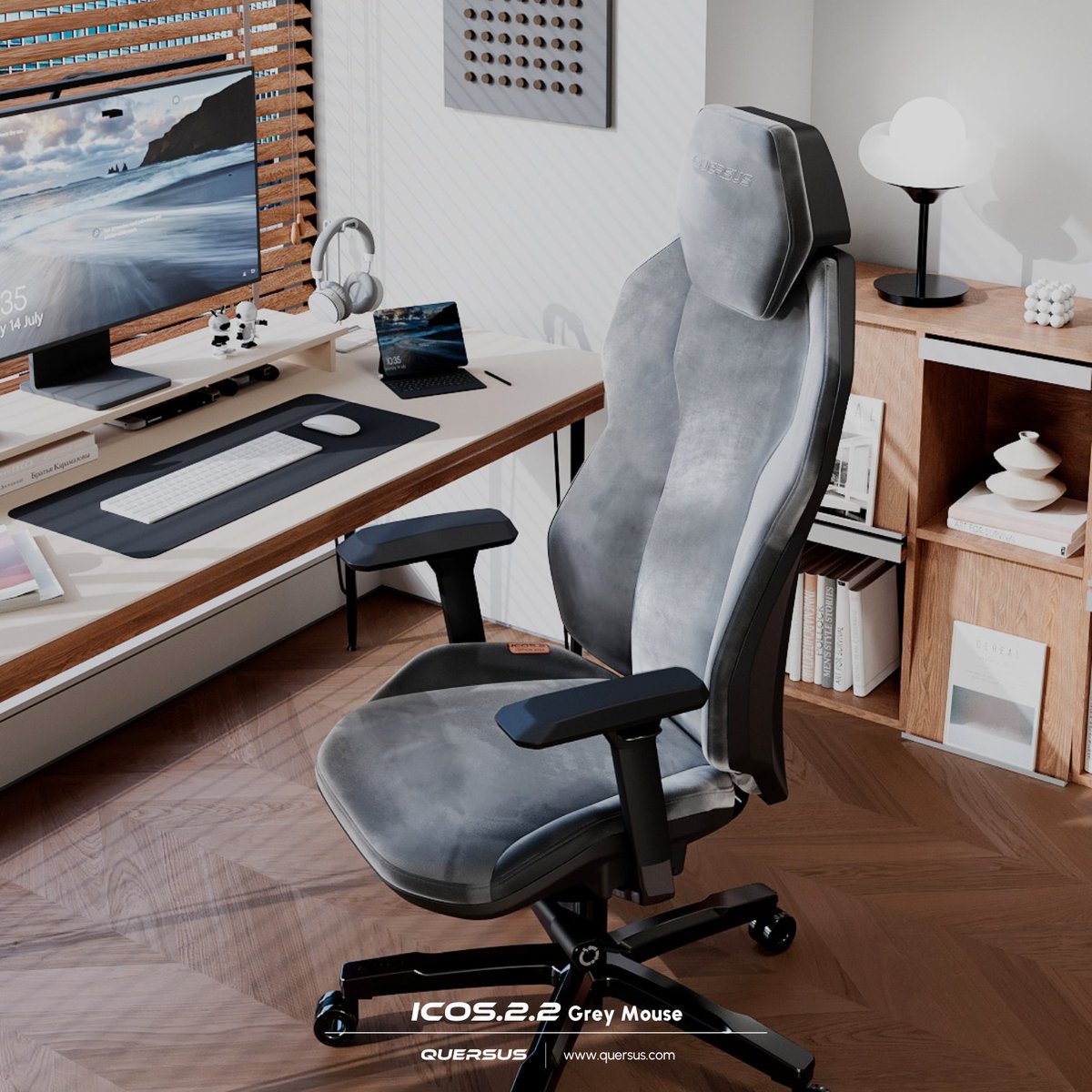 The QUERSUS ICOS.2.2 Grey Mouse chair - a combination of sleek design with superior ergonomics ✨

Its grey velvet upholstery is stylish yet practical, featuring water-resistant and scratch-proof properties. Equipped with adjustable lumbar support and seat depth, this chair