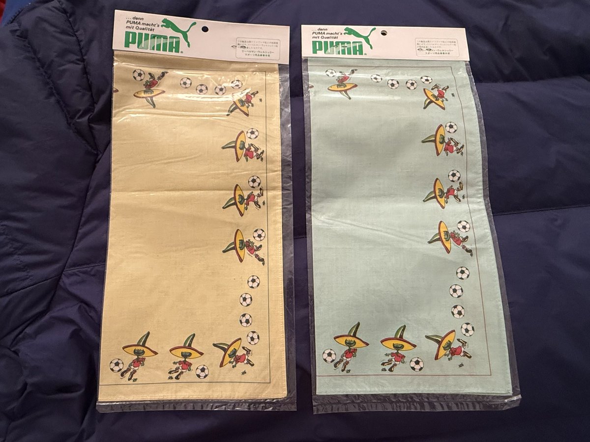 These are super rare! Mexico 86 World Cup souvenirs (handkerchiefs maybe, or small scarf things?) Anyway, they have mascot Pique, they’re made by Puma, and £15 for one or £25 for both.