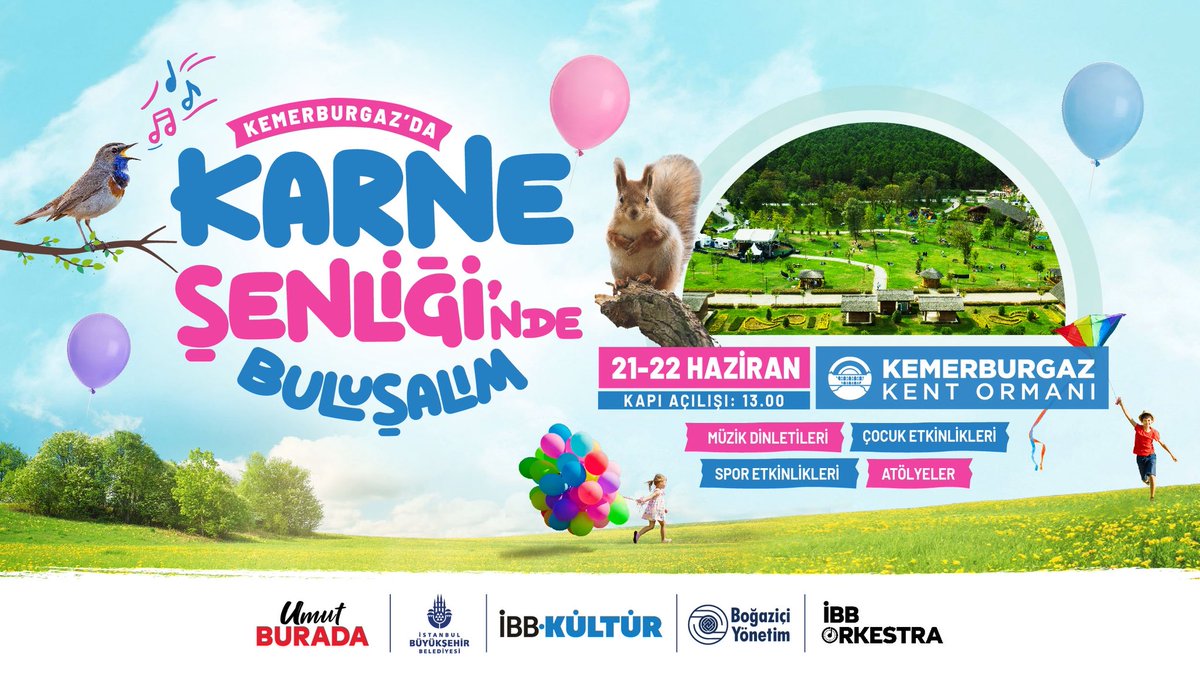 Kemerburgaz'da Karne Şenliği'nde Buluşalım 🎈

🎶 Müzik dinletileri
🎨 Atölyeler
⚽ Spor etkinlikleri
🎈 Eğlenceli çocuk aktiviteleri

📅 21-22 Haziran
🕐 Kapı Açılışı: 13.00
📍 Kemerburgaz Kent Ormanı

Tüm çocuklarımızı bekliyoruz!