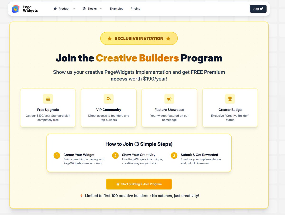 pagewidgets's tweet image. 100 spots only! 🎨 Build a free PageWidgets popup, show us, &amp;amp; snag the $190/yr Standard plan for $0.
👀 3-step entry. No card. Pure creativity.
Join the #CreativeBuilders squad → pagewidgets.com/invitation/cre… #webdev #nocode