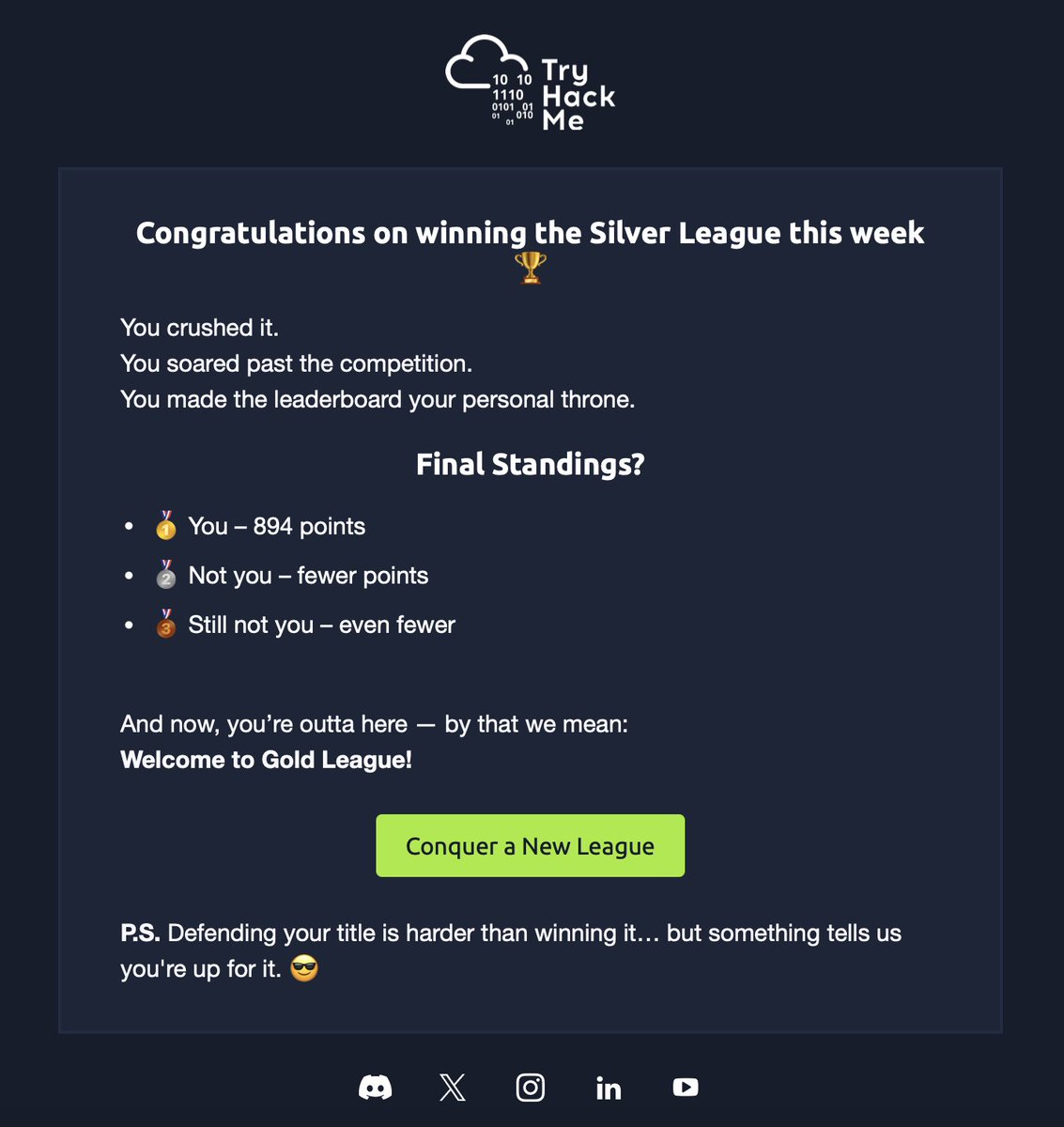 Was bumped from Gold to Silver league on <a href="/RealTryHackMe/">TryHackMe</a>  after a short break 😅
Randomly decided to hack away over the weekend... 
Woke up to an email saying I got 1st place in Silver

Do I get another badge for this as i already got one 🤭🤭 ? 👀 <a href="/RealTryHackMe/">TryHackMe</a>  
#TryHackMe