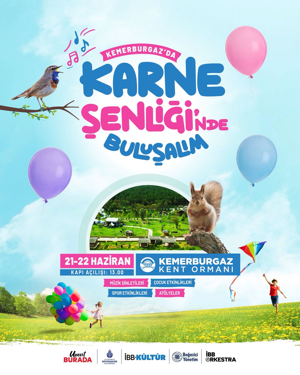 Kemerburgaz'da Karne Şenliği'nde Buluşalım 🎈

🎶 Müzik dinletileri
🎨 Atölyeler
⚽ Spor etkinlikleri
🎈 Eğlenceli çocuk aktiviteleri

📅 21-22 Haziran
🕐 Kapı Açılışı: 13.00
📍 Kemerburgaz Kent Ormanı

Tüm çocuklarımızı bekliyoruz!