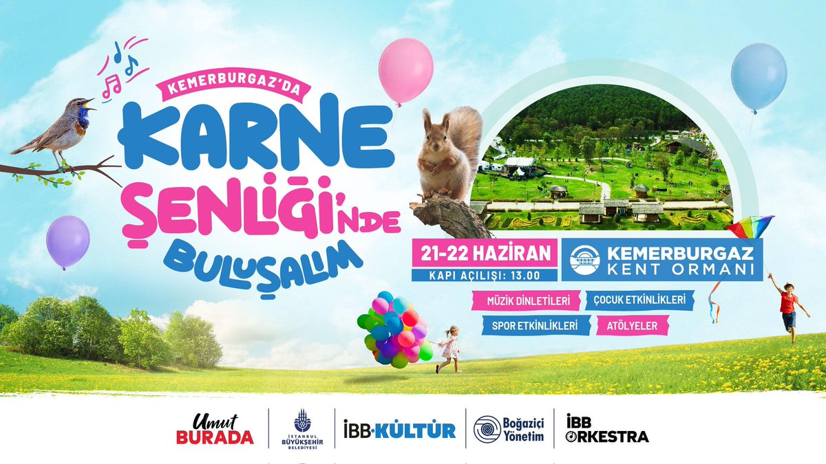 Kemerburgaz'da Karne Şenliği'nde Buluşalım 🎈

🎶 Müzik dinletileri
🎨 Atölyeler
⚽ Spor etkinlikleri
🎈 Eğlenceli çocuk aktiviteleri

📅 21-22 Haziran
🕐 Kapı Açılışı: 13.00
📍 Kemerburgaz Kent Ormanı

Tüm çocuklarımızı bekliyoruz!