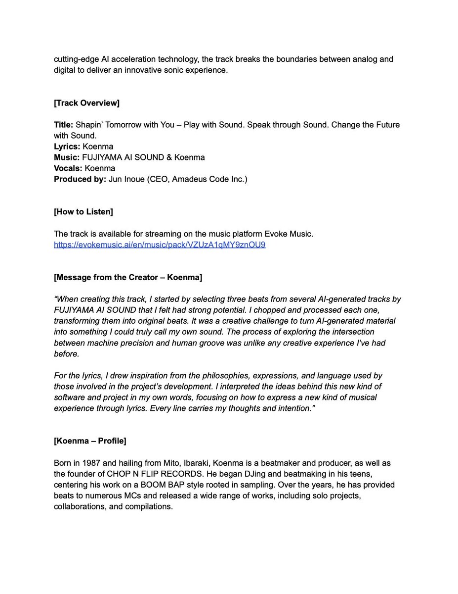 AmadeusCode's tweet image. 🎧 Introducing the official launch anthem
for FUJIYAMA AI SOUND.
‘Shapin’ Tomorrow with You’—a single
co-created by KOENMA and FUJIYAMA AI SOUND—is now out
on Evoke Music.

📎 Details via link in profile

#EvokeMusic #AIMusic #FUJIYAMAAISOUND