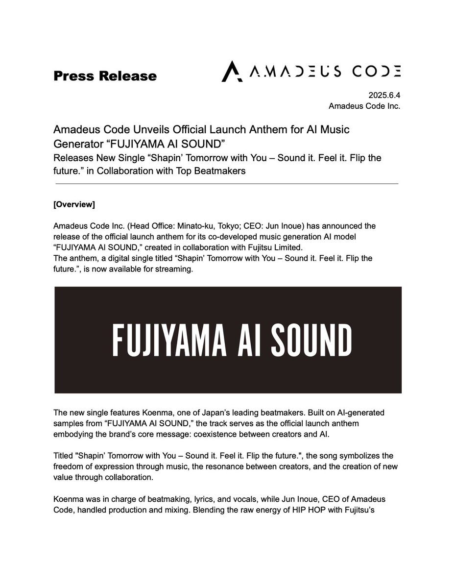 AmadeusCode's tweet image. 🎧 Introducing the official launch anthem
for FUJIYAMA AI SOUND.
‘Shapin’ Tomorrow with You’—a single
co-created by KOENMA and FUJIYAMA AI SOUND—is now out
on Evoke Music.

📎 Details via link in profile

#EvokeMusic #AIMusic #FUJIYAMAAISOUND