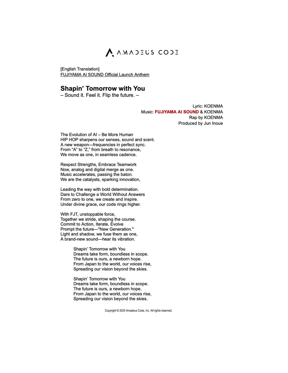 AmadeusCode's tweet image. 🎧 Introducing the official launch anthem
for FUJIYAMA AI SOUND.
‘Shapin’ Tomorrow with You’—a single
co-created by KOENMA and FUJIYAMA AI SOUND—is now out
on Evoke Music.

📎 Details via link in profile

#EvokeMusic #AIMusic #FUJIYAMAAISOUND