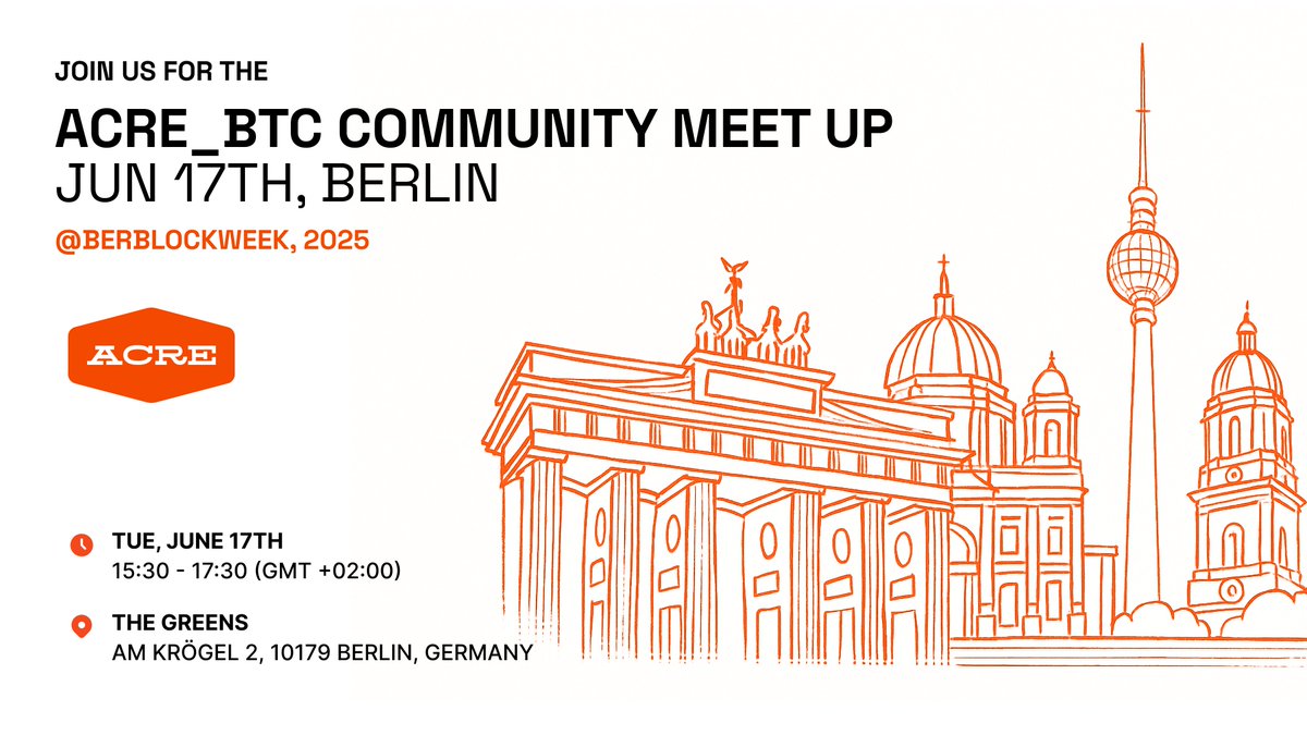 nico186 🥔🥔 (@nico186_) on Twitter photo I'm excited to host <a href="/AcreBTC/">Acre.Fi - Compound Bitcoin</a> 's Berlin Meet up!
If you're in town for <a href="/BerBlockWeek/">Berlin Blockchain Week 🐻➡️ June 7-22, 2025</a> please stop by!
⏰ Tuesday Jun 17 3:30PM - 6PM
📍 The Greens AM Krogel 2, 10179 I'm excited to host <a href="/AcreBTC/">Acre.Fi - Compound Bitcoin</a> 's Berlin Meet up!
If you're in town for <a href="/BerBlockWeek/">Berlin Blockchain Week 🐻➡️ June 7-22, 2025</a> please stop by!
⏰ Tuesday Jun 17 3:30PM - 6PM
📍 The Greens AM Krogel 2, 10179
