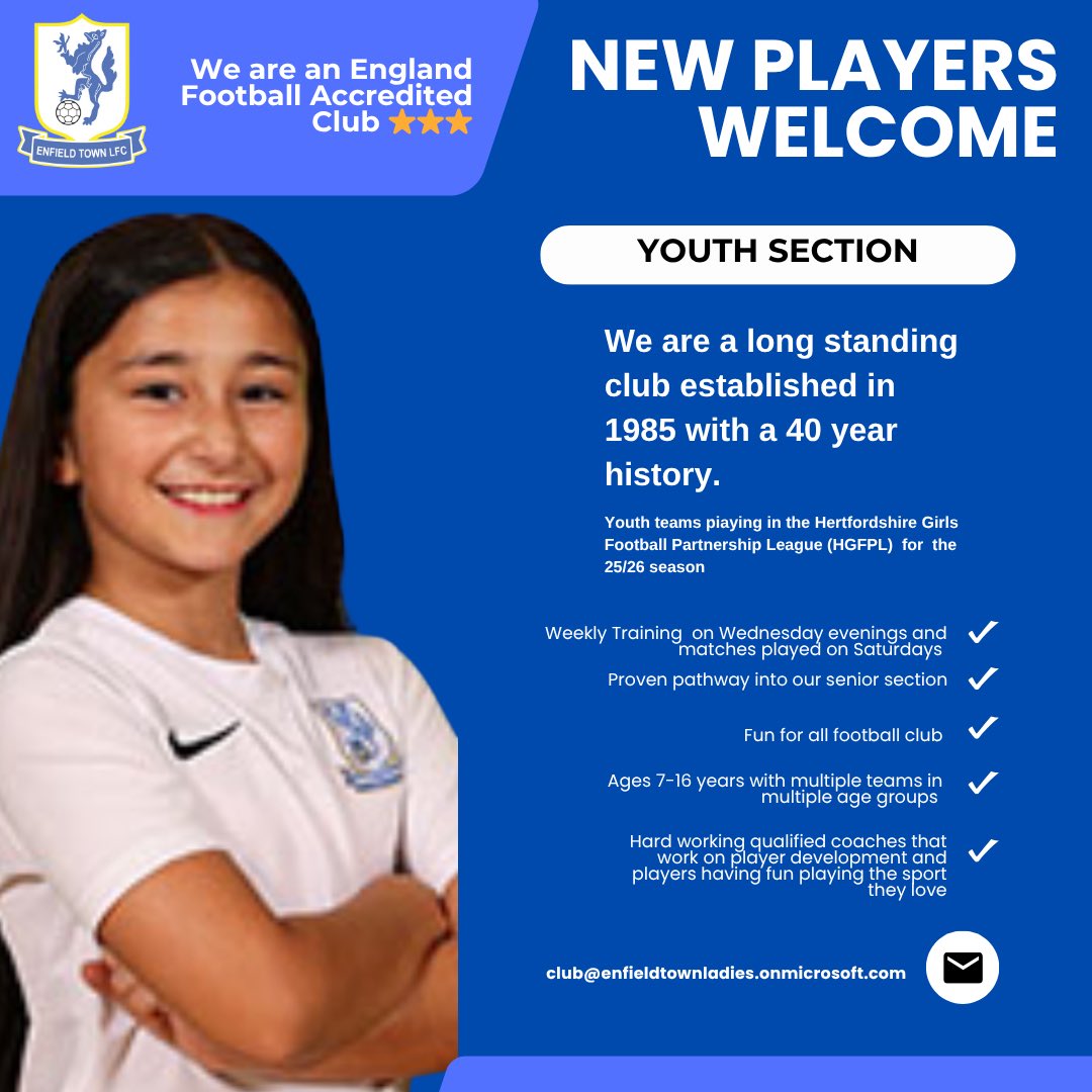 Enfield Town Ladies FC (@enfieldtownlfc) on Twitter photo JOIN US - YOUTH SECTION
*Are you passionate about football?
*Do you want to build new friendships?
New players welcome for the 2025/26 season in all age groups - U9’s to U16’s.
Pre season training starts on 2nd July.
If interested 📧 club@enfieldtownladies.onmicrosoft.com JOIN US - YOUTH SECTION
*Are you passionate about football?
*Do you want to build new friendships?
New players welcome for the 2025/26 season in all age groups - U9’s to U16’s.
Pre season training starts on 2nd July.
If interested 📧 club@enfieldtownladies.onmicrosoft.com