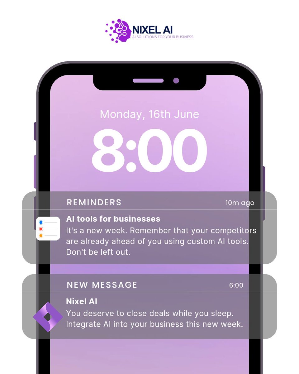 Nixel_AI's tweet image. Start your week smarter, not harder.

Your competitors are already using AI - why aren’t you?

Let Nixel AI help you automate, scale, and close deals while you sleep.

Send us a DM right away 

#AIForBusiness #NixelAI #AIForSmallBusiness
#AIMoney