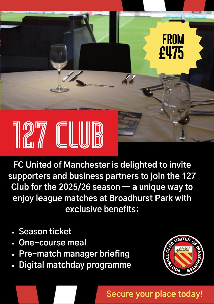 ️ The 127 Club is back!

Enjoy every home league game with: 
🍽️ One-course meal
🎙️ Manager's pre-match briefing
📱 Digital programme
🎟️ Season ticket included

fc-utd.co.uk/news-story/ste…
