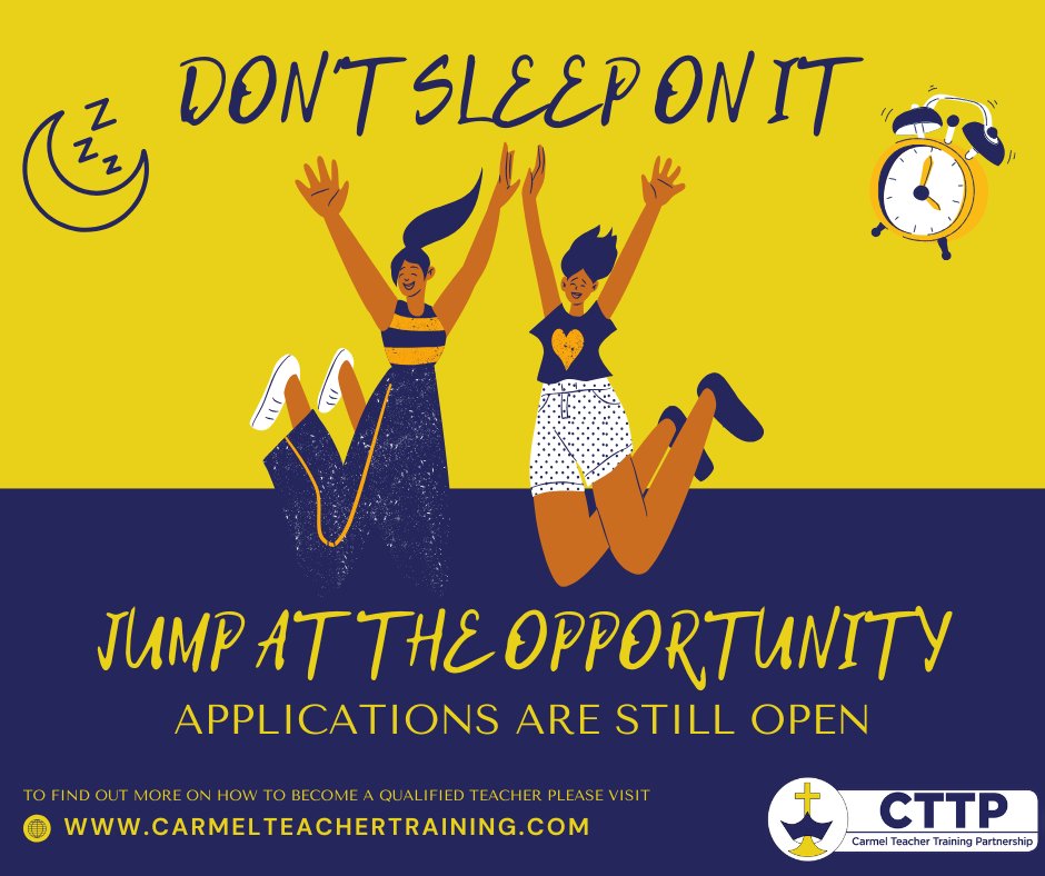 🎓 Considering a Career in Teaching? 🌟

Don't sleep on it!

Apply today! ☑️ 

Visit carmelteachertraining.com to find out more

#ChooseUsChooseYourSchool #TrainToTeach #CTTP