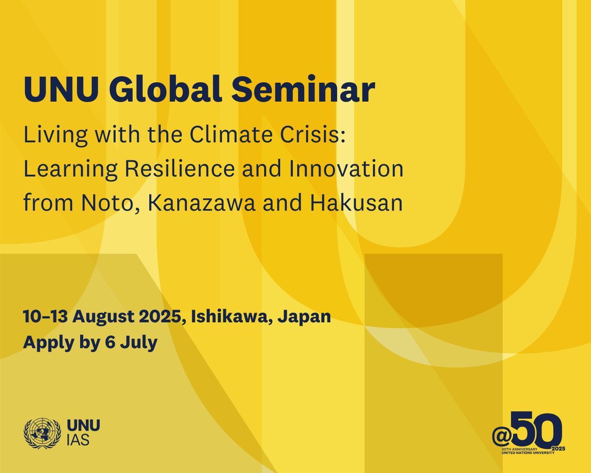 📣 Calling university students in Japan 📣

Applications are now open for the UNU Global Seminar! 

👉 Deepen your knowledge of sustainability issues
👉 Expand your professional network

🗓️ 10–13 August 2025
📍 Ishikawa, Japan
🌐 ENG

Apply by 6 July ➡️ buff.ly/46hRFi8