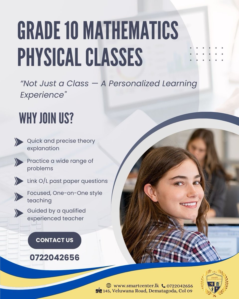 SmartiumC's tweet image. Master Grade 10 Maths with Confidence!
Personalized lessons, past paper practice &amp;amp; expert guidance — all under one roof.
👉 Maths ගොඩ දාගමු!
#MsFahila #smartmaths #Dematagoda