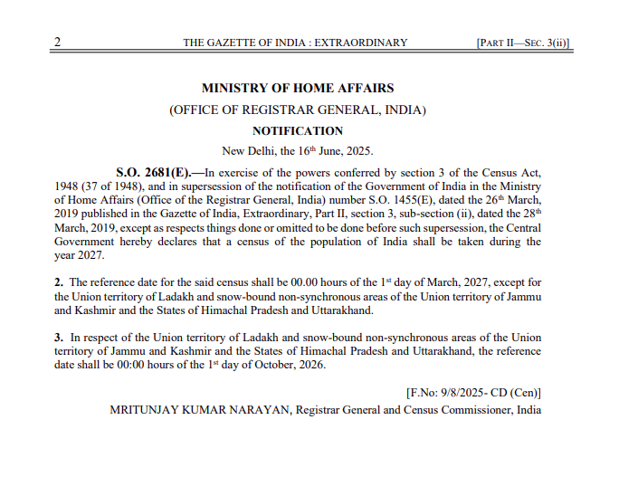 News1IndiaTweet's tweet image. जनगणना की अधिसूचना जारी हुई

केन्द्र सरकार ने जारी किया गजट नोटिफिकेशन

देश में दो चरणों में होगी जनगणना

वर्ष 2027 में पूरी होगी जनगणना

#CasteCensus #Census2027 #PopulationCount #GovtNotification #IndiaCensus #Demographics #PopulationSurvey #India2027