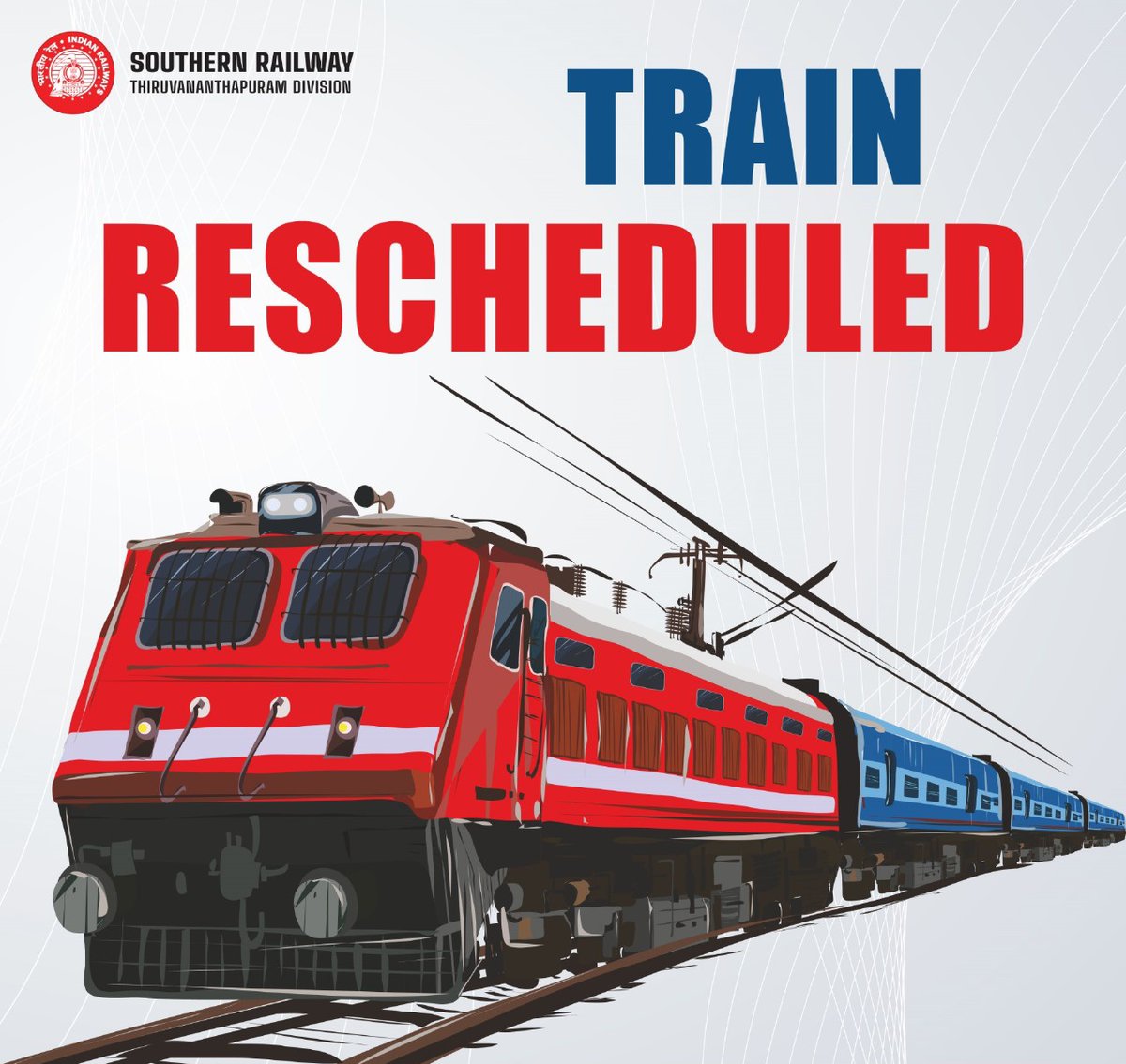 drm_tvc's tweet image. Train Service #Rescheduled

Train No. 10216 #Ernakulam Jn – #Madgaon Express scheduled to leave Ernakulam Jn at 13.25 hrs on 16.06.2025 (Today) is rescheduled to leave Ernakulam Jn at 15.00 hrs due to late running of pairing rake (Late by 1 hour 35 mins)