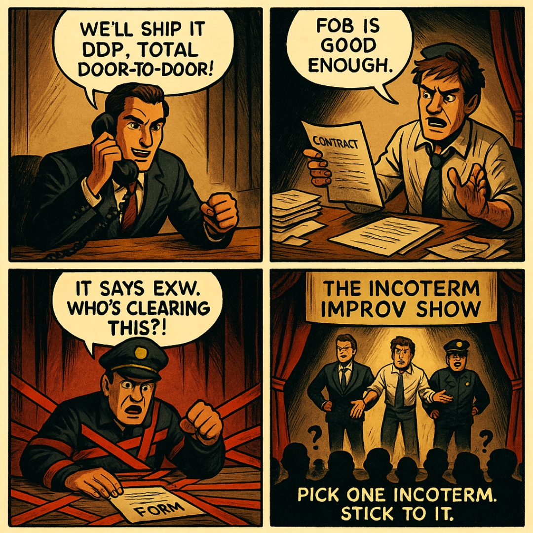 ODeXGlobal's tweet image. 🎭📦 Welcome to The Incoterm Improv Show — where every team says something different and no one knows who’s actually clearing the cargo.

DDP? FOB? EXW?

Pick one Incoterm. Stick to it. Save everyone the panic.

#MemeMonday #ShippingLife #LogisticsLaughs #IncotermChaos