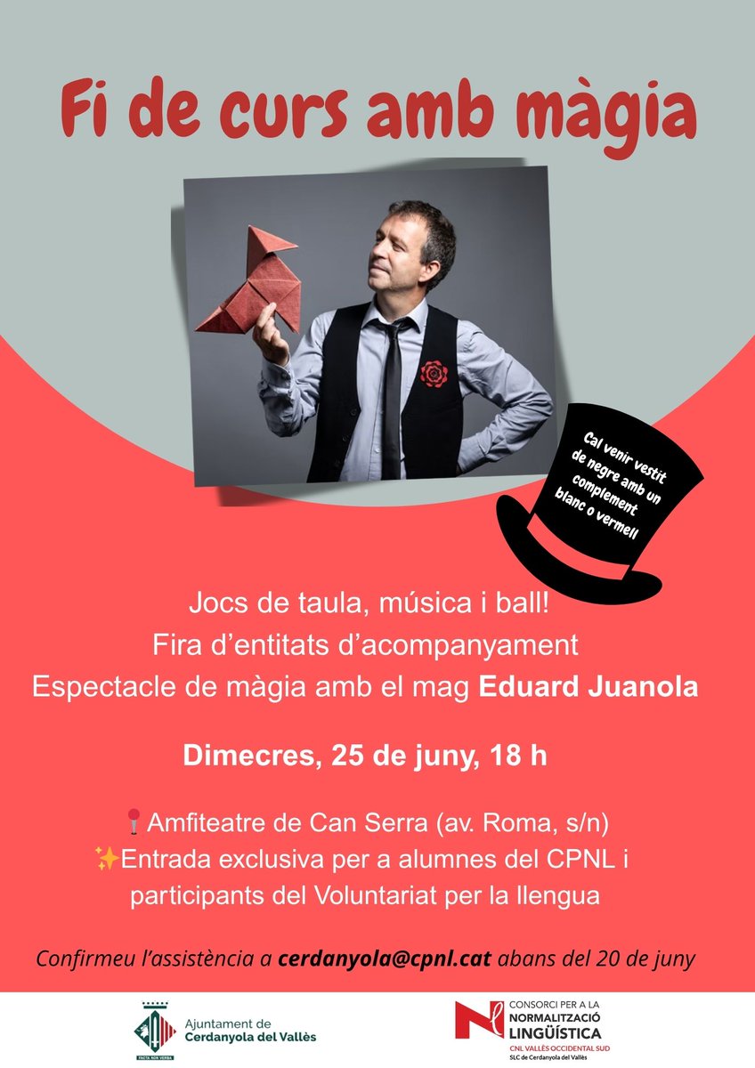 CNLVallèsOccidental3 (@cnlvo3) on Twitter photo El 25 de juny, alumnes dels cursos de català i participants del <a href="/vxlcat/">Voluntariat per la llengua</a> de #Cerdanyola acomiaden el curs amb la màgia d'Eduard Juanola, amb jocs de taula, una fira d'entitats i més sorpreses! Us hi esperem!
#MàgiaPerConversar!
<a href="/ccerdanyola/">Castellers de Cerdanyola</a> @laFlamaCasal El 25 de juny, alumnes dels cursos de català i participants del <a href="/vxlcat/">Voluntariat per la llengua</a> de #Cerdanyola acomiaden el curs amb la màgia d'Eduard Juanola, amb jocs de taula, una fira d'entitats i més sorpreses! Us hi esperem!
#MàgiaPerConversar!
<a href="/ccerdanyola/">Castellers de Cerdanyola</a> @laFlamaCasal