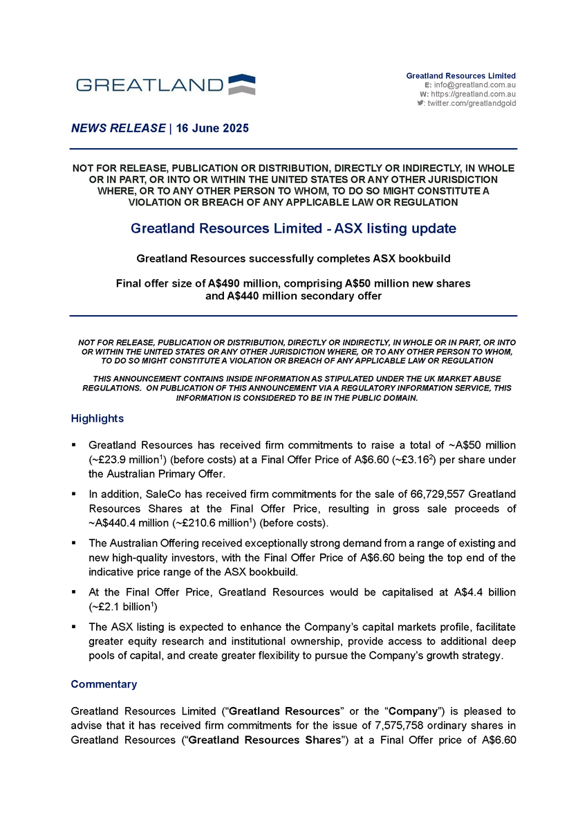 Greatland Resources has successfully completed its ASX bookbuild, raising A$490M (A$50M new shares + A$440M secondary offer) at A$6.60/share. Strong demand from high-quality investors. ASX trading expected to commence 24 June 2025: bit.ly/3SSP3Bi

$GGP.L #GPP #Greatland