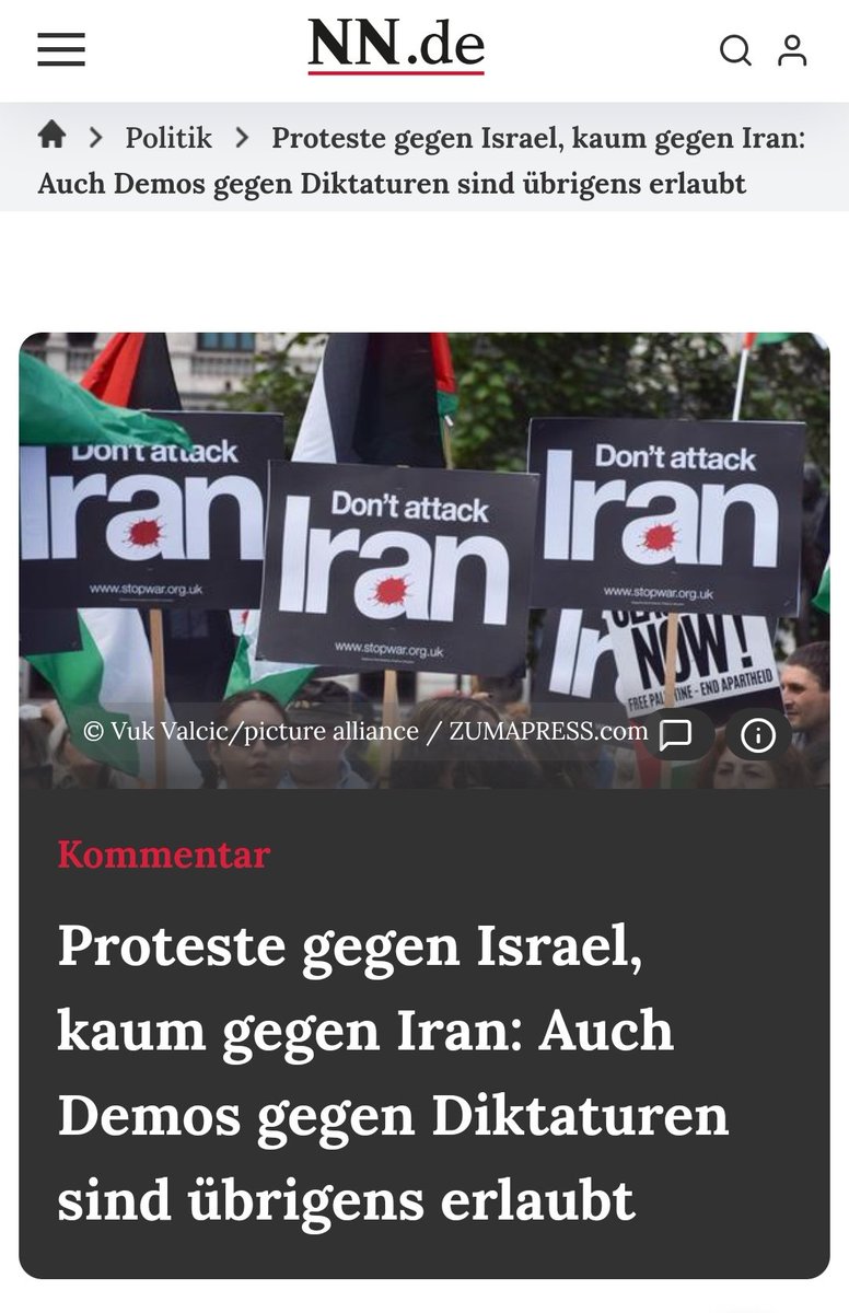 "Auch Demos gegen Diktaturen sind erlaubt. Dass dennoch vor allem Israel im Kreuzfeuer der Kritik steht und weniger die Diktatoren, die seine Existenz in Frage stellen - staunen darf man darüber schon." Kommentar der Nürnberger Nachrichten nn.de/politik/protes…