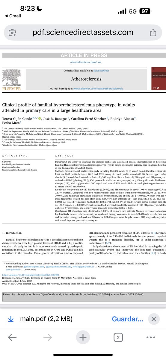 Mi última publicación sobre detección  del fenotipo clínico de #hipercolesterolemiafamiliar #hypercholesterolemia con registros automatizados en atención primaria. Queda mucho por trabajar en esta patología
