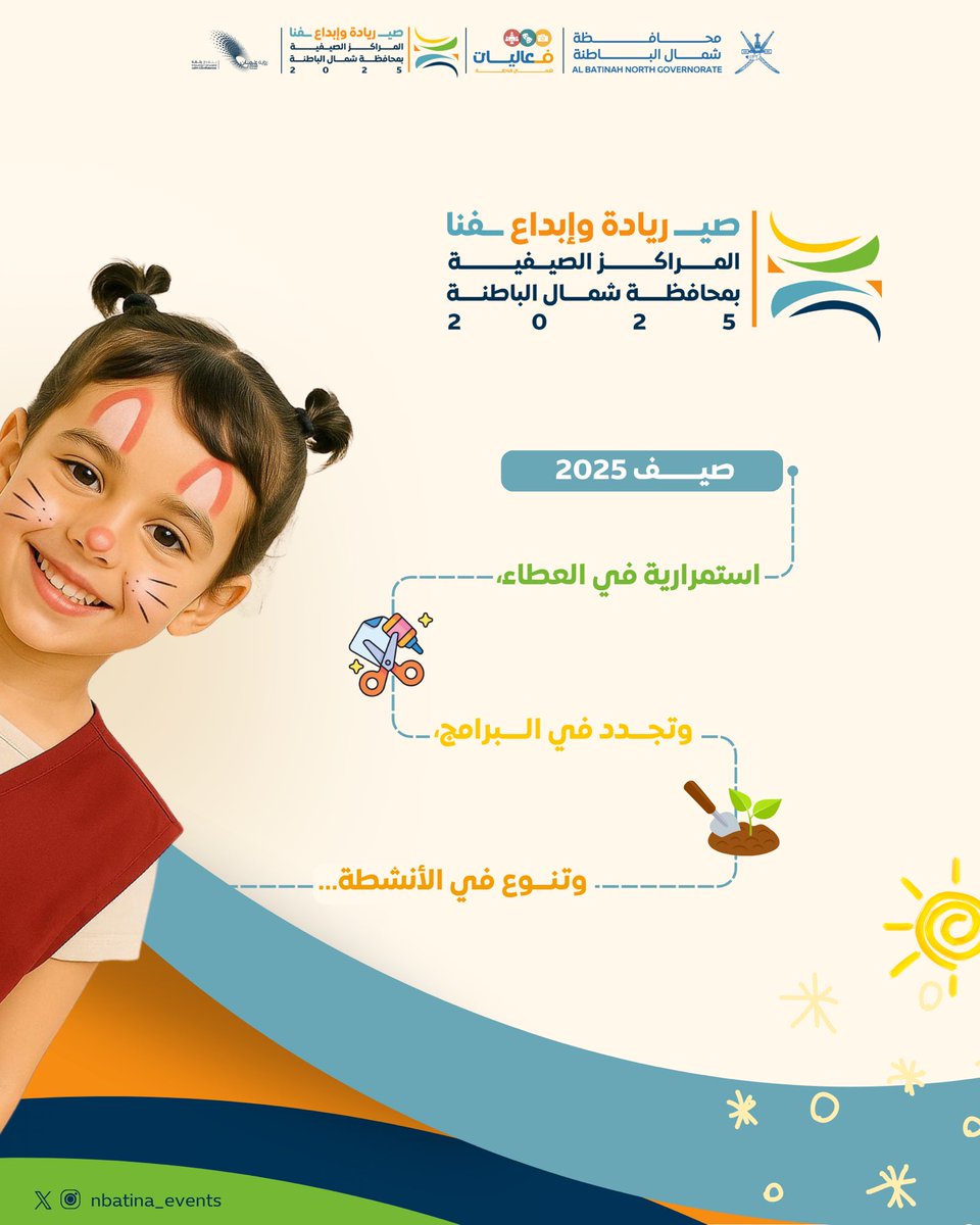 نواصل هذا العام رحلة العطاء والتجدد تحت شعارنا البصري المحدث 2025، الذي يرمز إلى الاستمرارية والديمومة مواكبًا تطلعات المراكز الصيفية عامًا بعد عام.

#المراكز_الصيفية2025
#صيفنا_ريادة_وإبداع
#محافظة_شمال_الباطنة